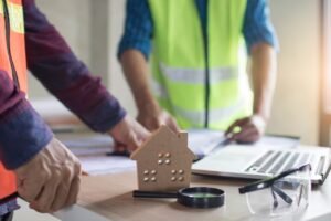 Construction project manager reviewing Gantt schedule with trade partners on site in BC