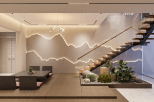 Contractor reviewing detailed renovation plans with homeowners in B